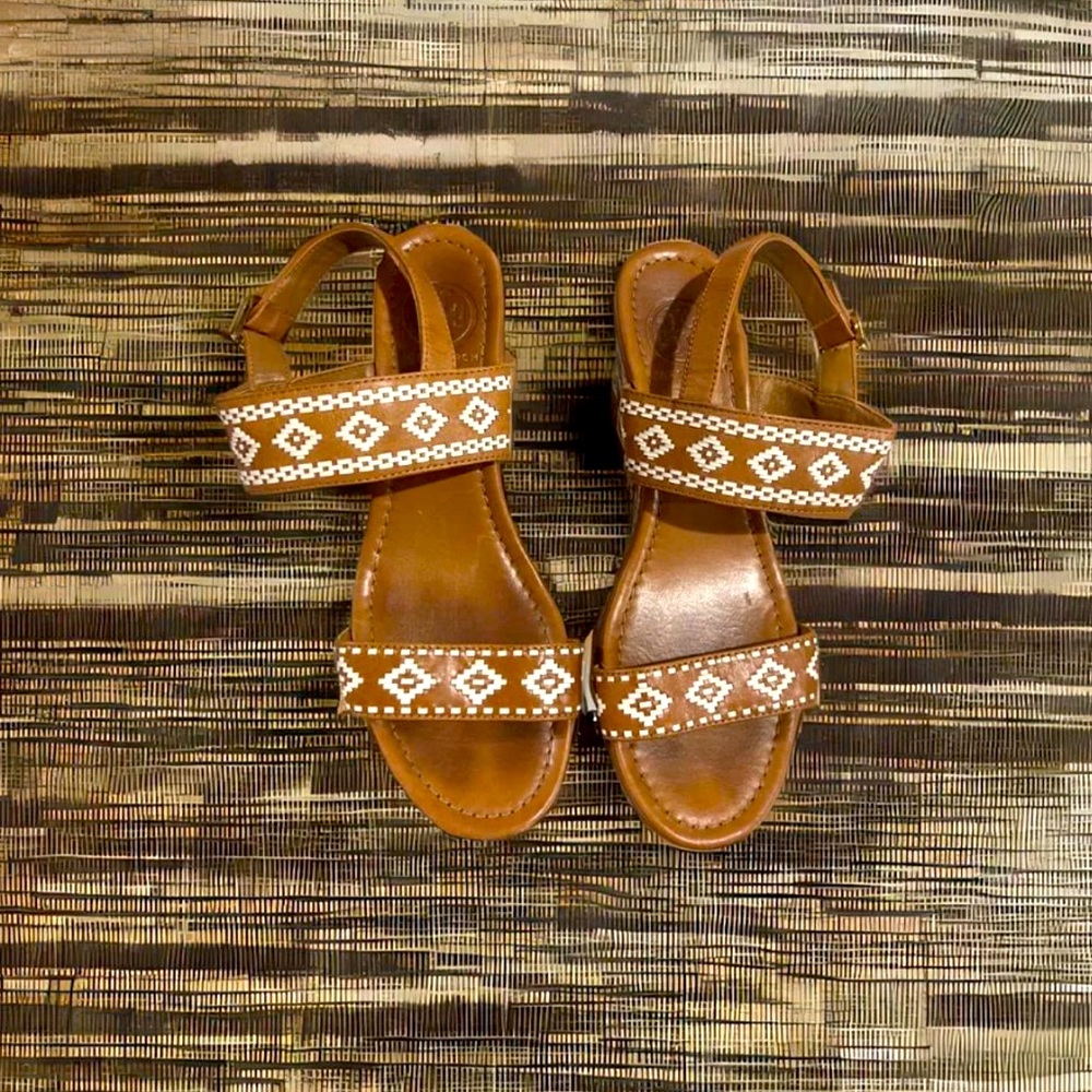 Tory Burch Brown Leather White Stitch Wedge Sandal